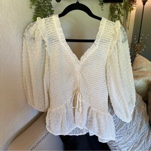 Topshop Ruched Smocked White Puff Sleeve Crop Blouse Top